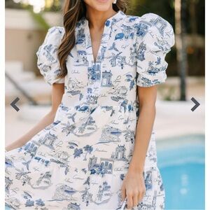 Blue and White Puff Sleeve Dress